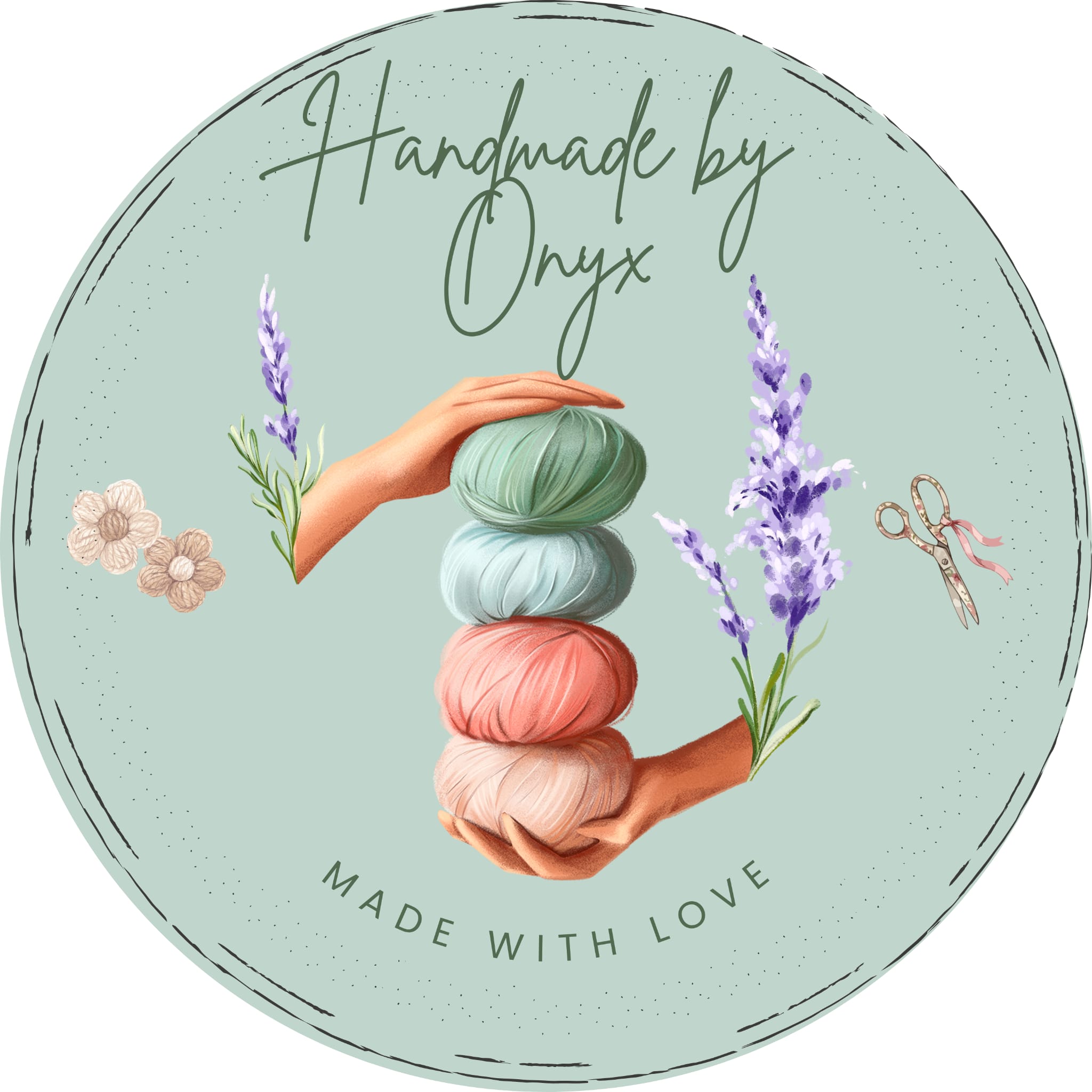 Handmade by Onyx logo on a tea bakground